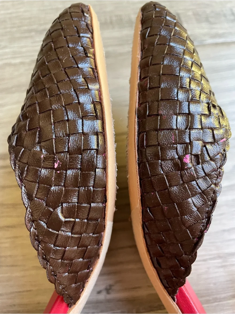 Charlotte Stone Mary Jane Chunky Heel Woven Leather Brown/Red Mod Chic SZ 7